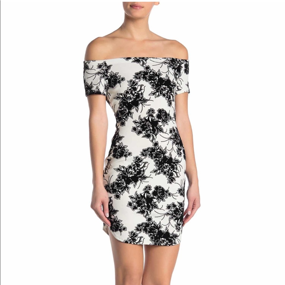 Off the shoulder floral flock body con dress